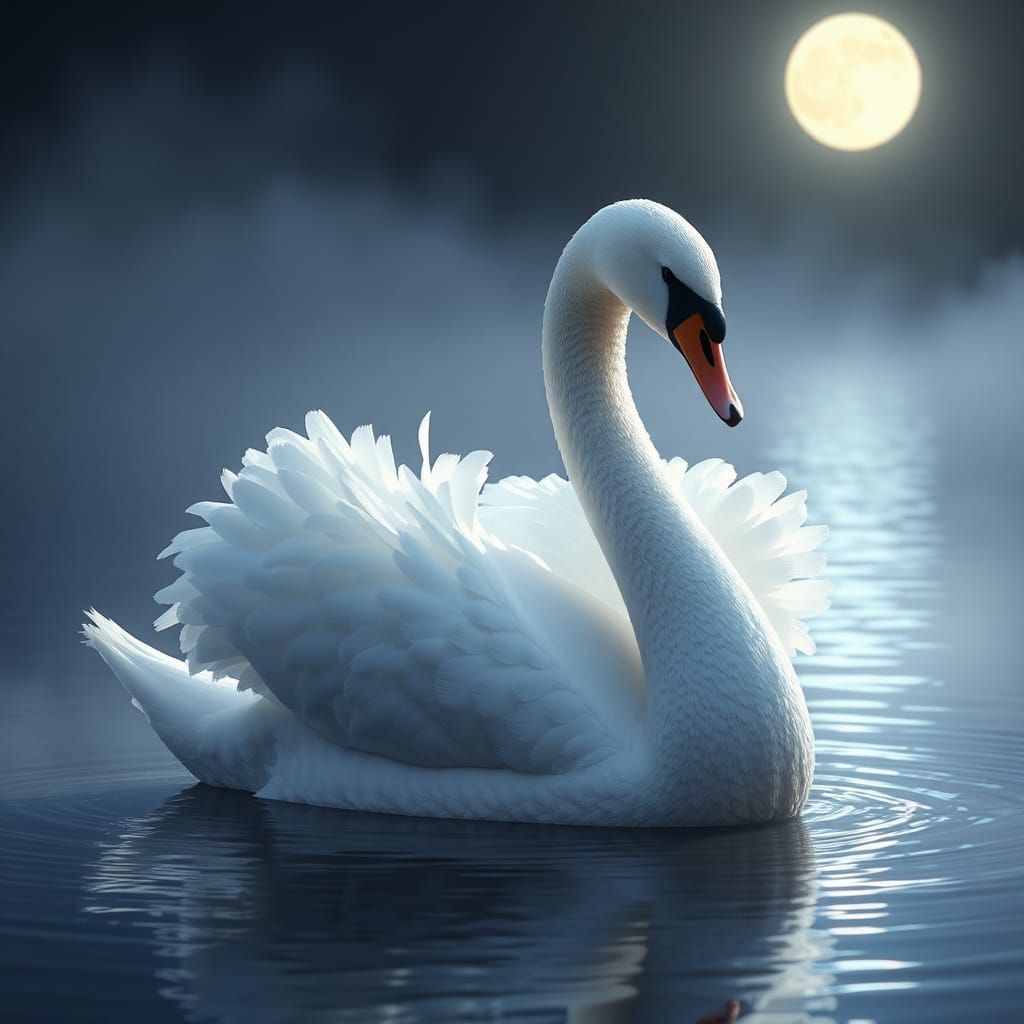 Majestic Swan on Lake Under Moonlight