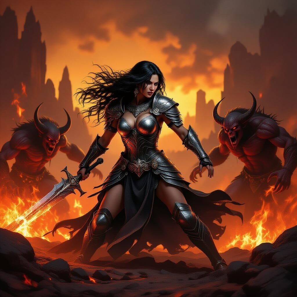 Heroic Woman Battles Demons in Fiery Hellscape