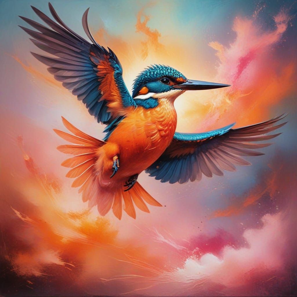Vibrant Grunge Kingfisher Family Amidst Ethereal Hues