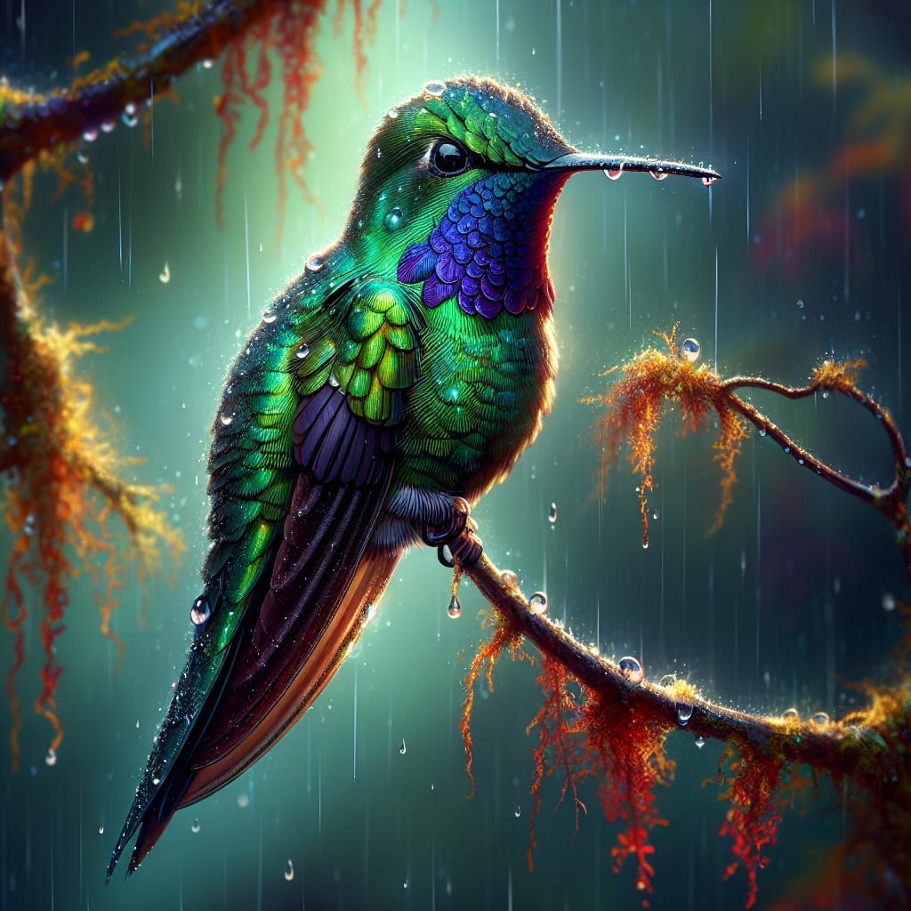 Hummingbird in Rain: A Magical Illustration