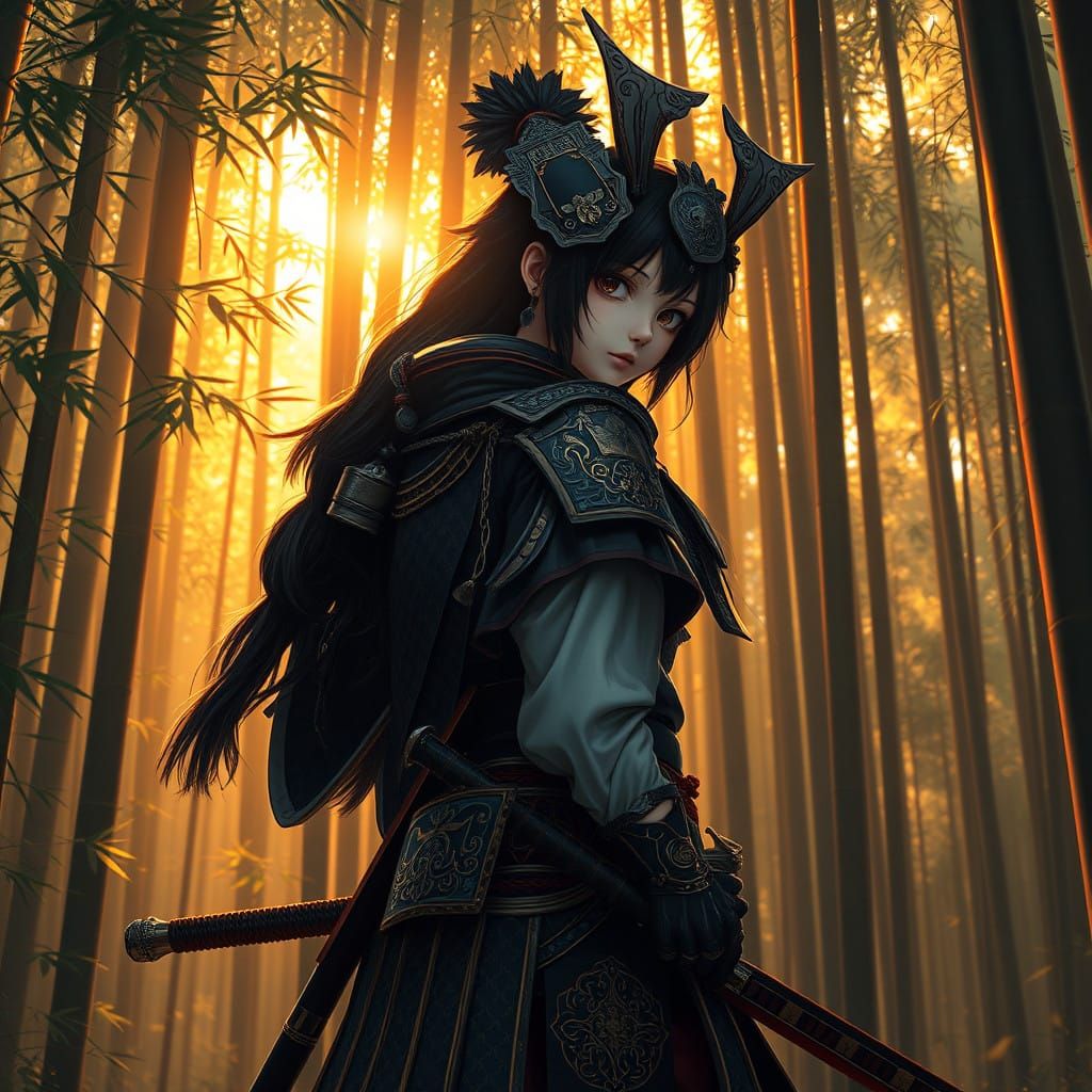 Anime Samurai Maiden in Bamboo Forest Radiance