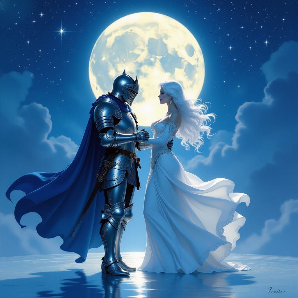 Knight Dances with Spectral Figure Under Starry Night