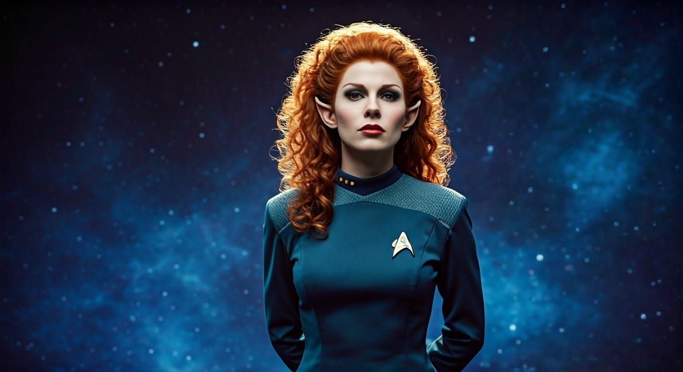 Redhead Vulcan Officer in 80s Sci-Fi Film Still