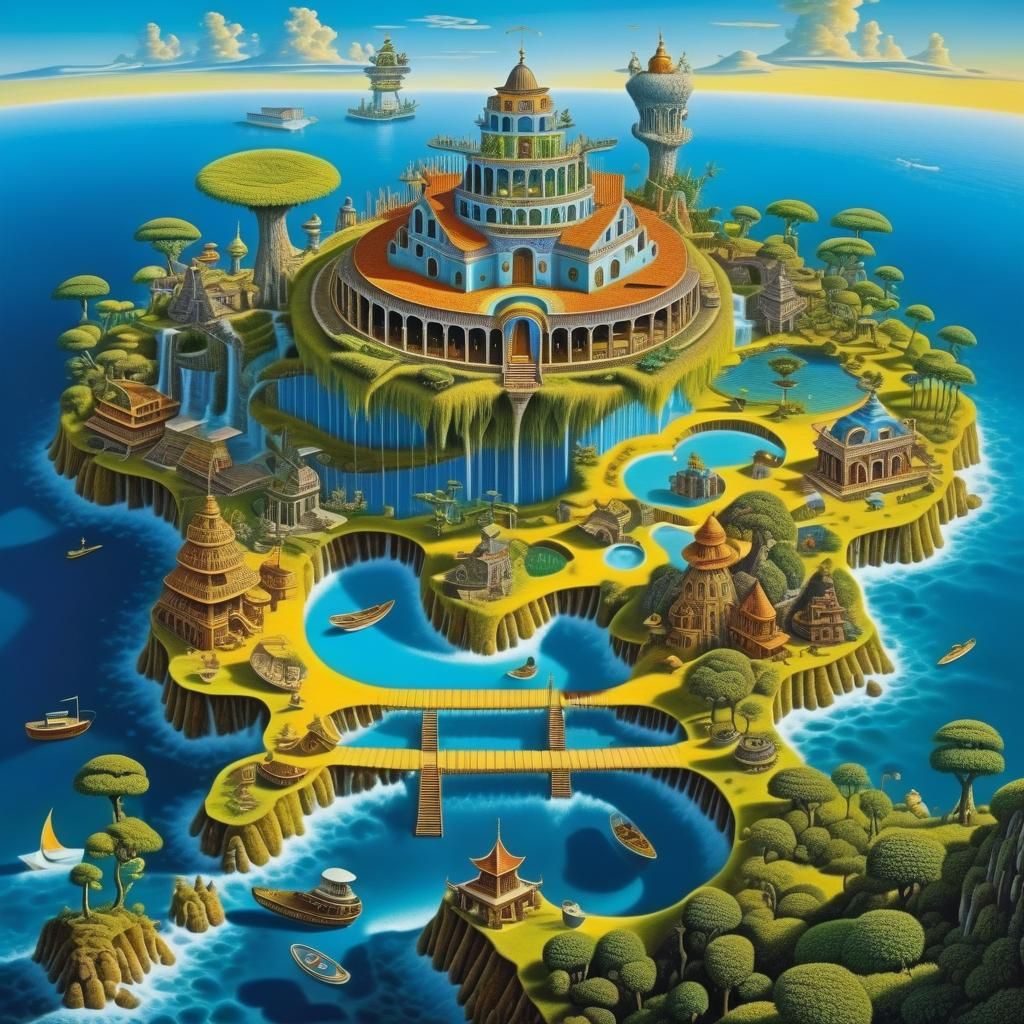 A[Paradisical Vacationscape ] by scan of Codex Sephinianus in the style of Jacek Yerka’s Surreal [Paradise] land, Imagin...