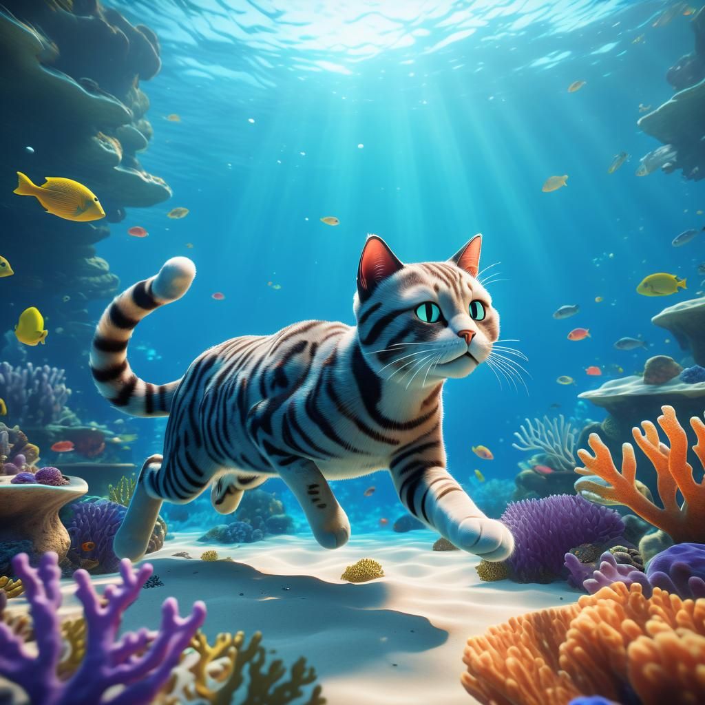 Underwater Cat Swimming in Coral Reef: 3D Render