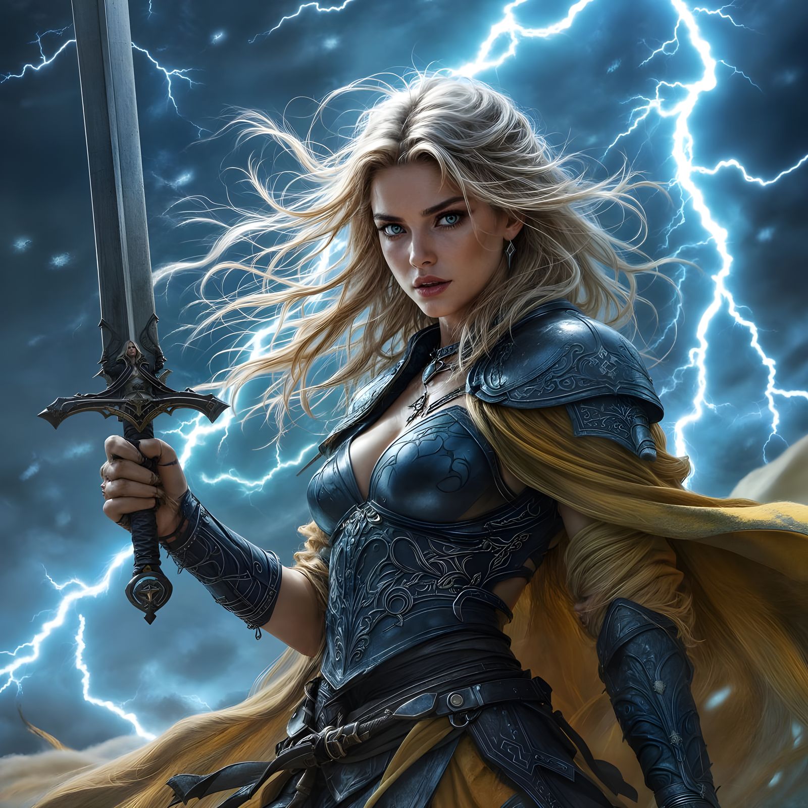 Ethereal Barbarian Maiden in Stormy Battlefield