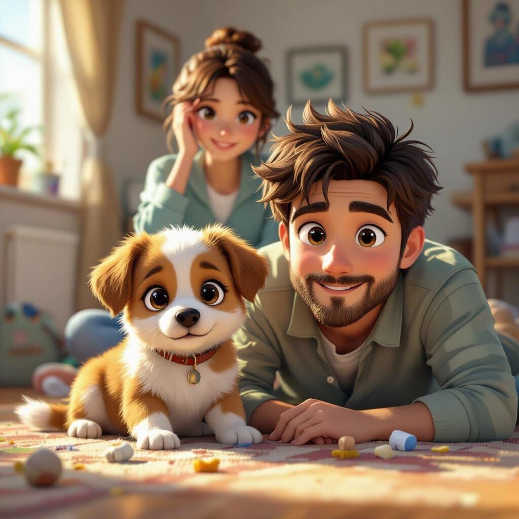 Adorable Puppy and Father with Huge Eyes in 3D Anime Style