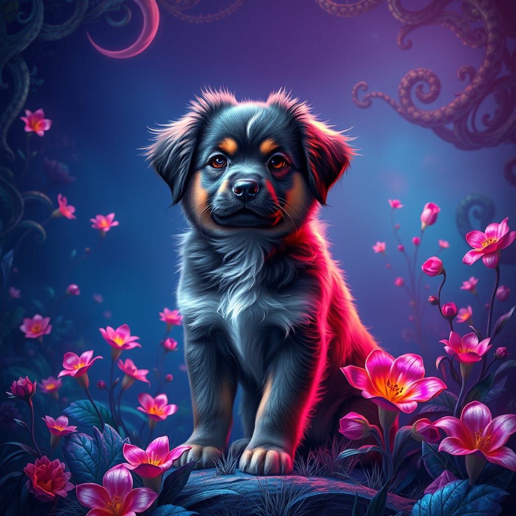 Regal Puppy in Whimsical Dreamscape