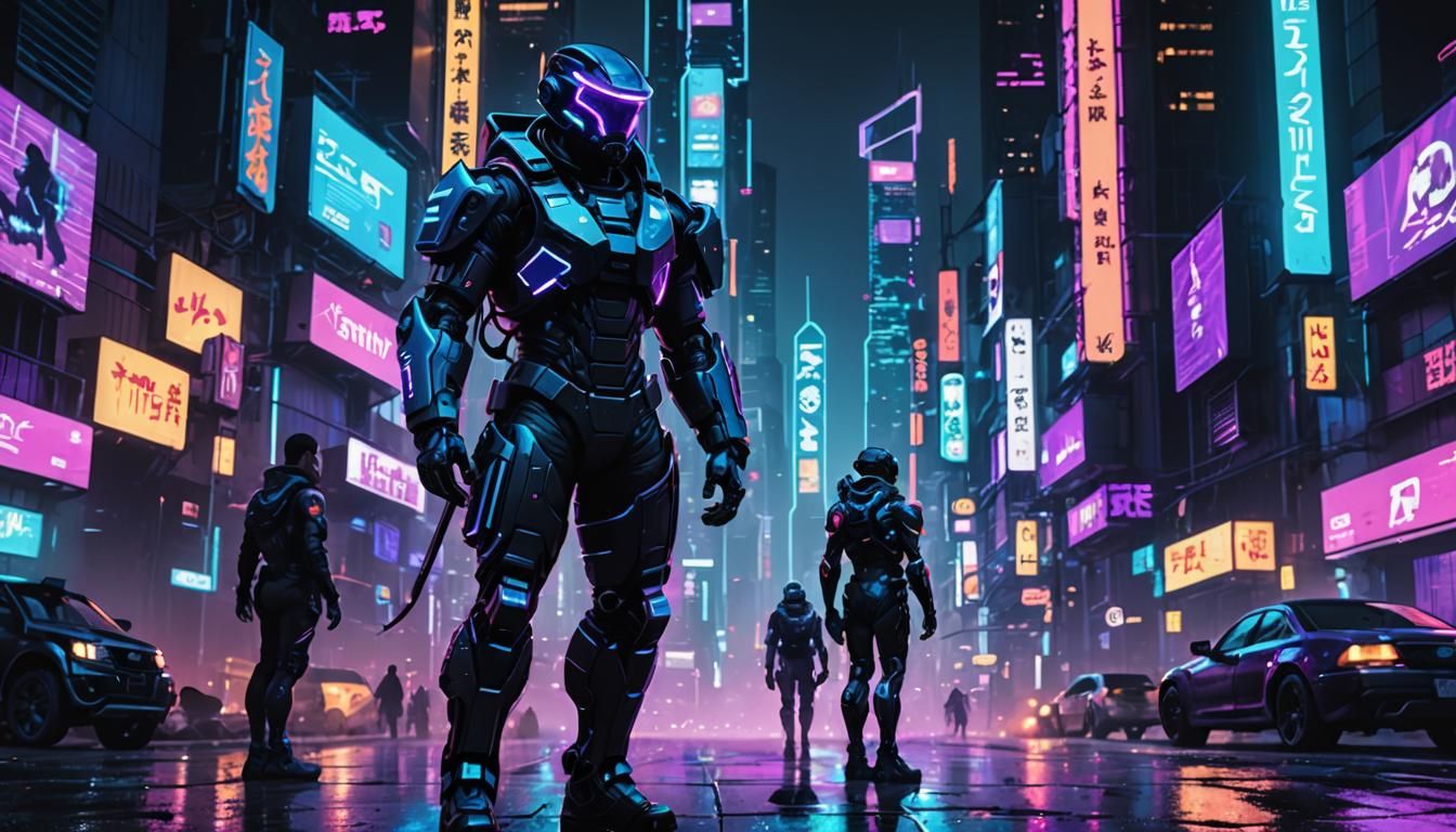 Futuristic Soldier in Cyberpunk Cityscape Concept Art