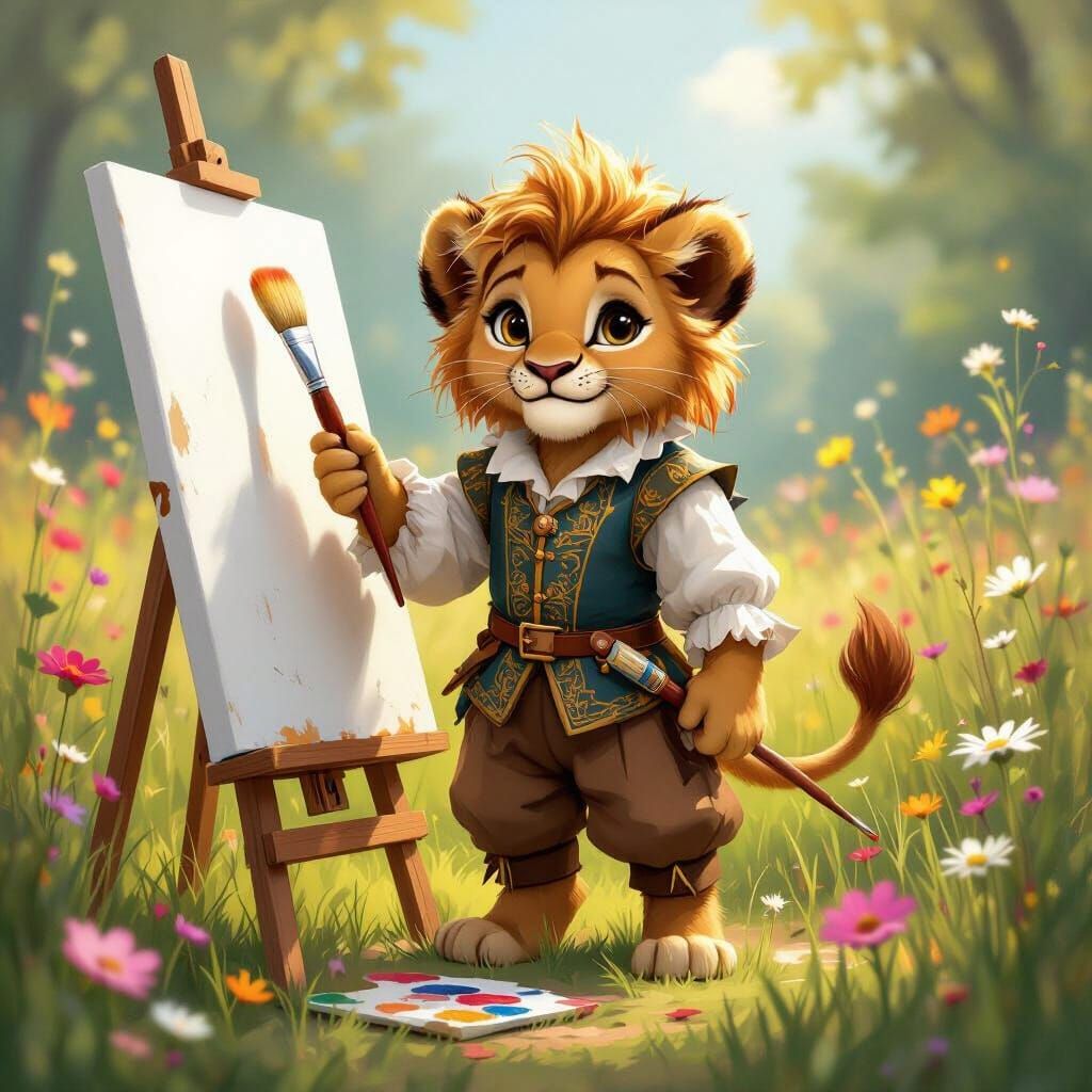 Lion Cub in Renaissance Outfit Painting in Meadow