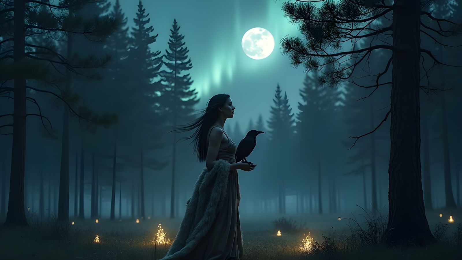 Moonlit Norse Goddess in Pine Forest