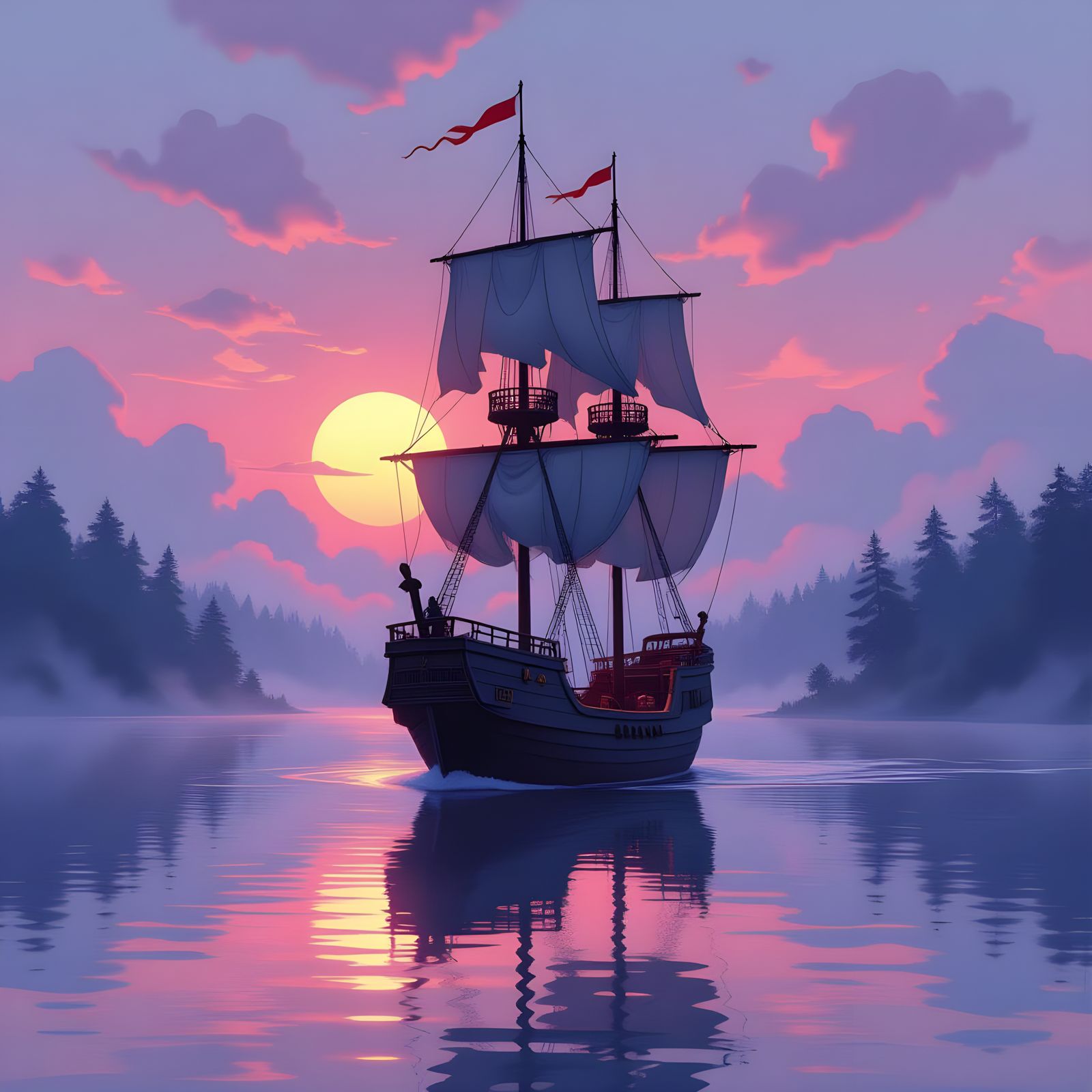 Galleon on Misty Lake at Red Dawn