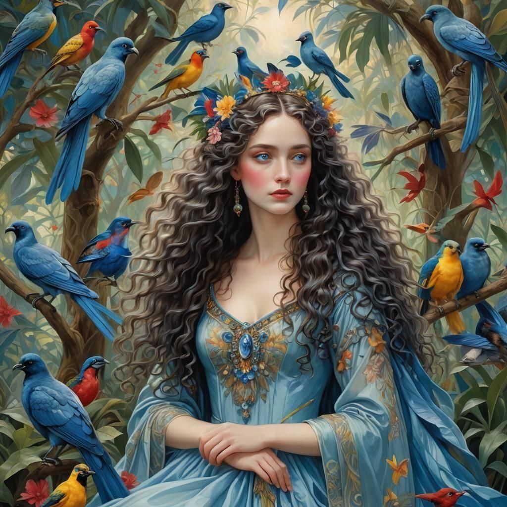 Elegant Blue-Eyed Woman Dancing with Birds