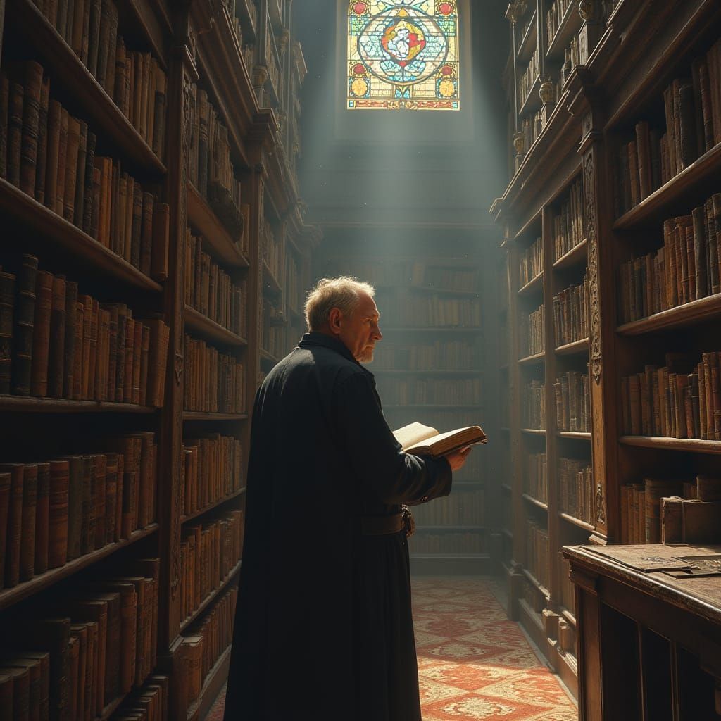 Elegant Abbot Amidst Ancient Tomes in a Grand Library