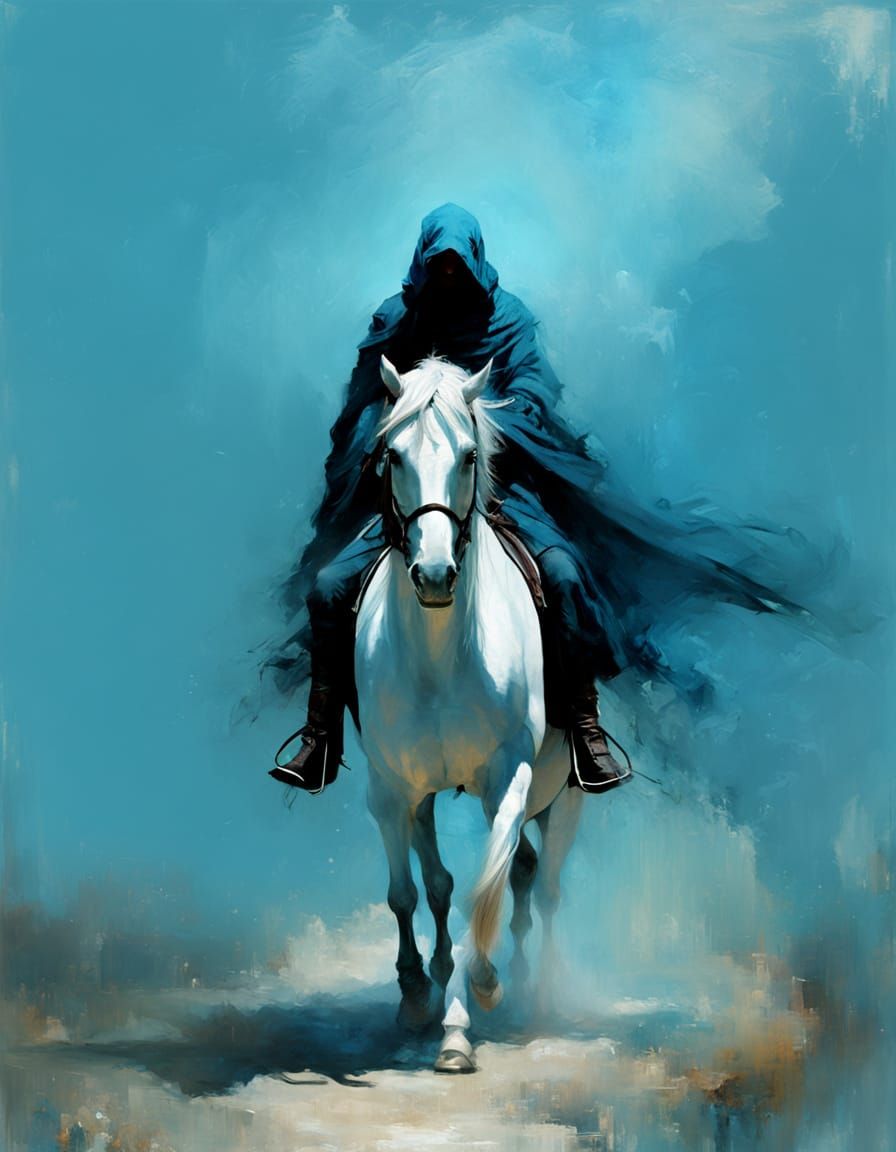 Cloaked Rider on White Horse in Blue Mist