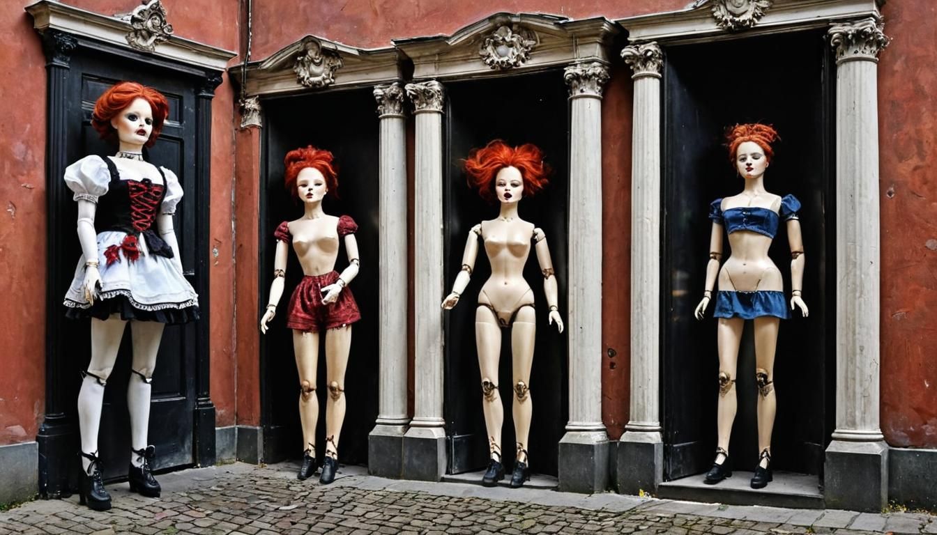 Eerie Doll Collection in Ruined Home, Oil Painting