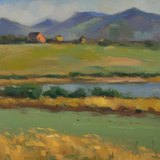 Idyllic Lakeside Farm in Naturalist Oil Painting