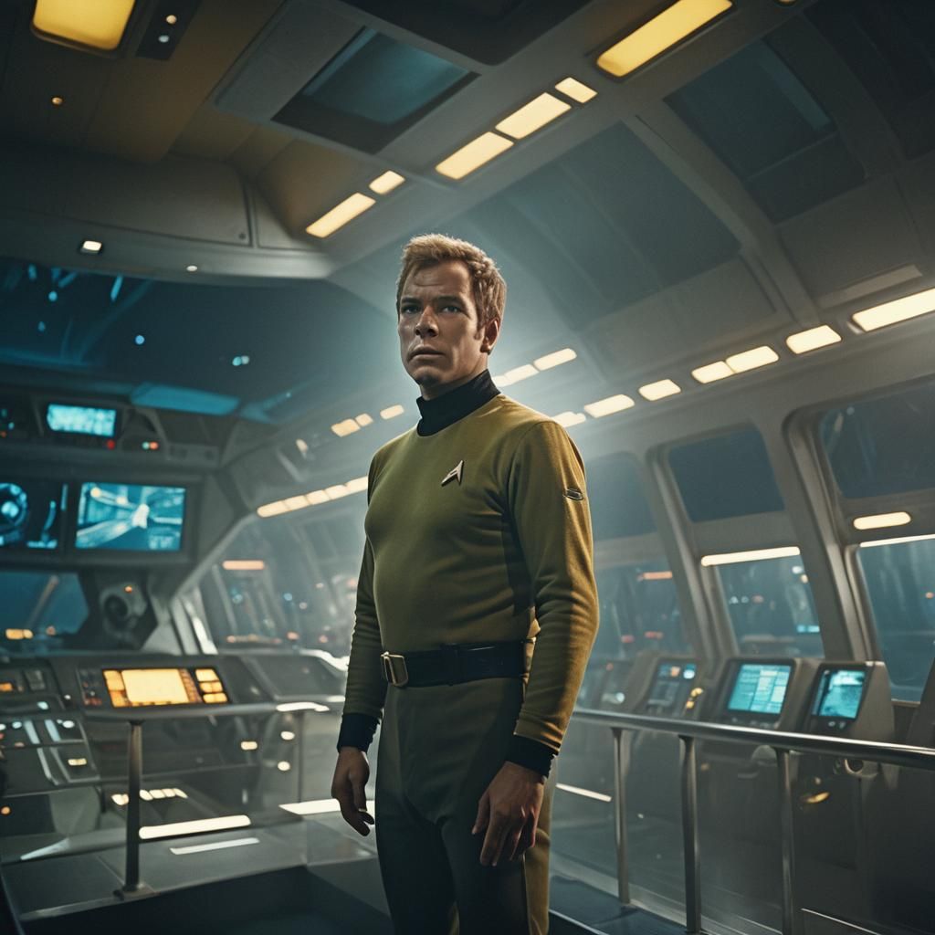 Captain Kirk on the Enterprise Bridge in Film Still