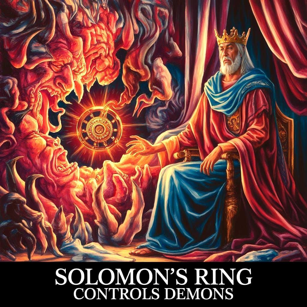 King Solomon's Serene Dominion Over Demons in a Rich Fantasy...