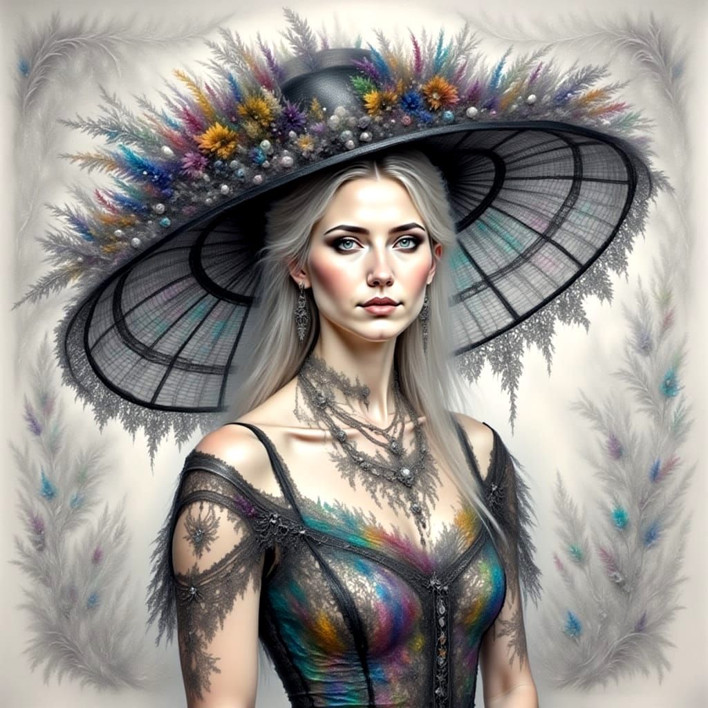 Woman Portrait With Lace and Flower Hat in Watercolor