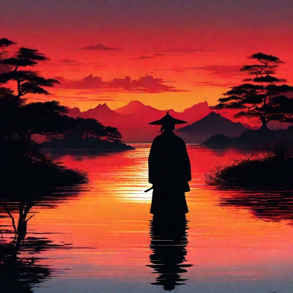 Samurai Silhouette at Sunset: Hyperrealistic Mixed Media Col...