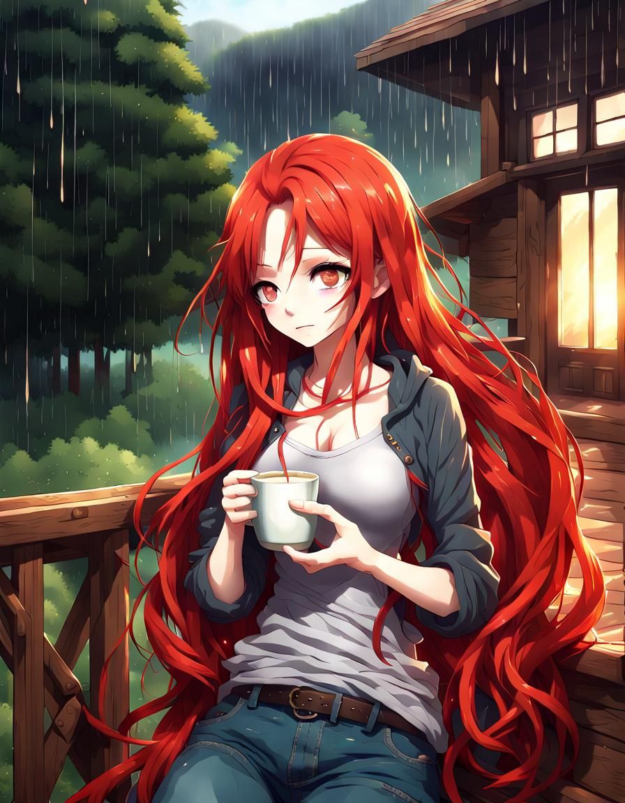Anime Woman with Red Hair Drinking Hot Chocolate