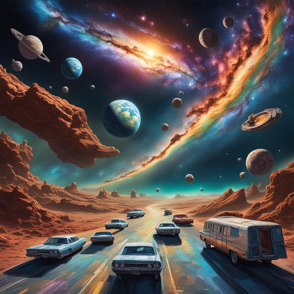 Surreal Space Highway with Bed Cars