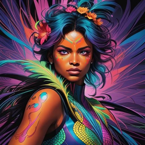 Rainbow Woman with Peacock Hair, Comic Book Art