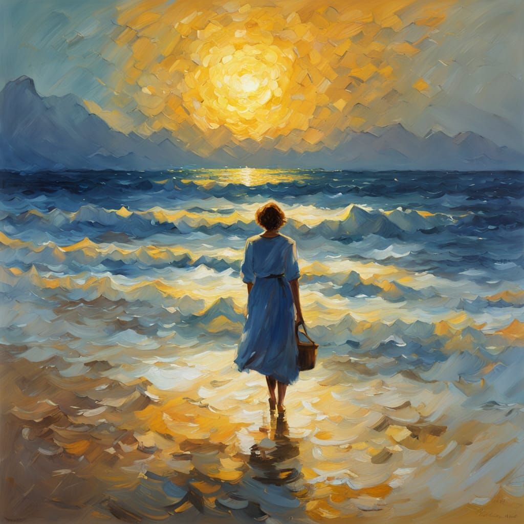 Impressionist Beach Walker Under Starry Night