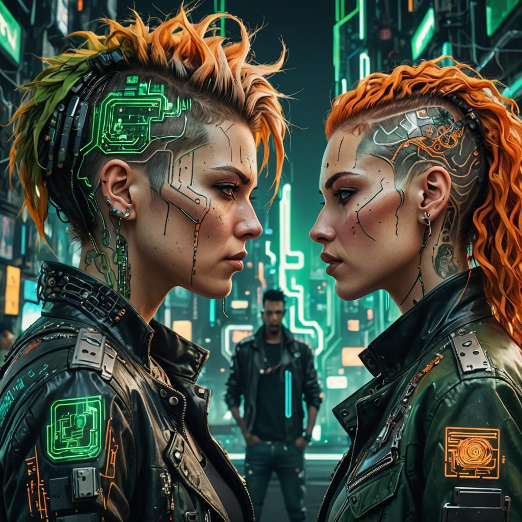 Cyberpunk Faces in Data Stream Landscape, 8K