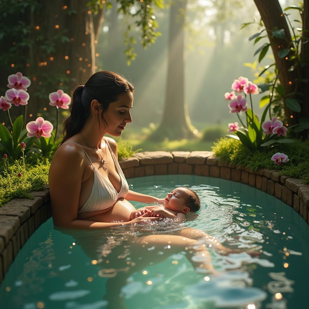 Serene Water Birth in a Lush, Magical Haven