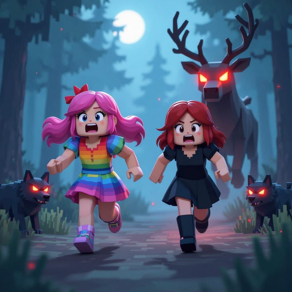 Roblox Avatars Run from Deer Monster in Eerie Forest