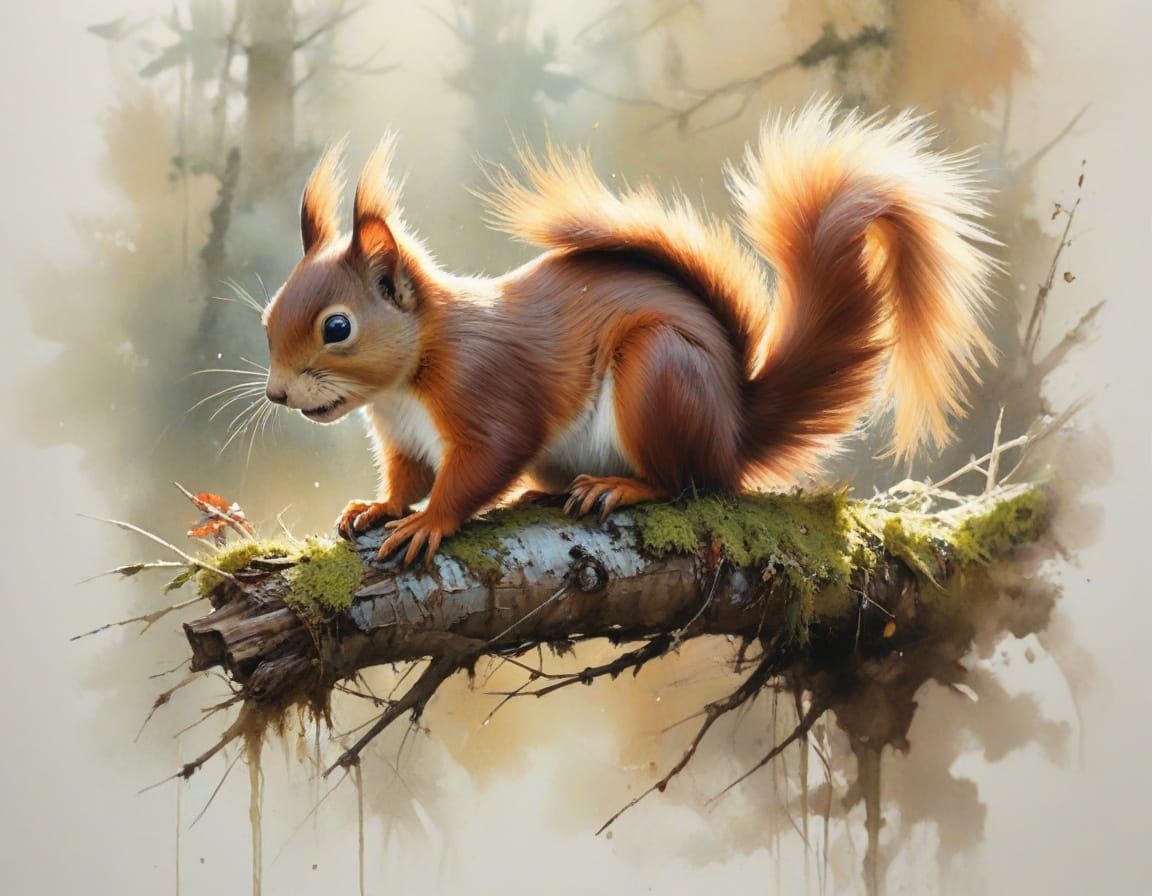Red Squirrel in Golden Autumn Light, Painterly Oils