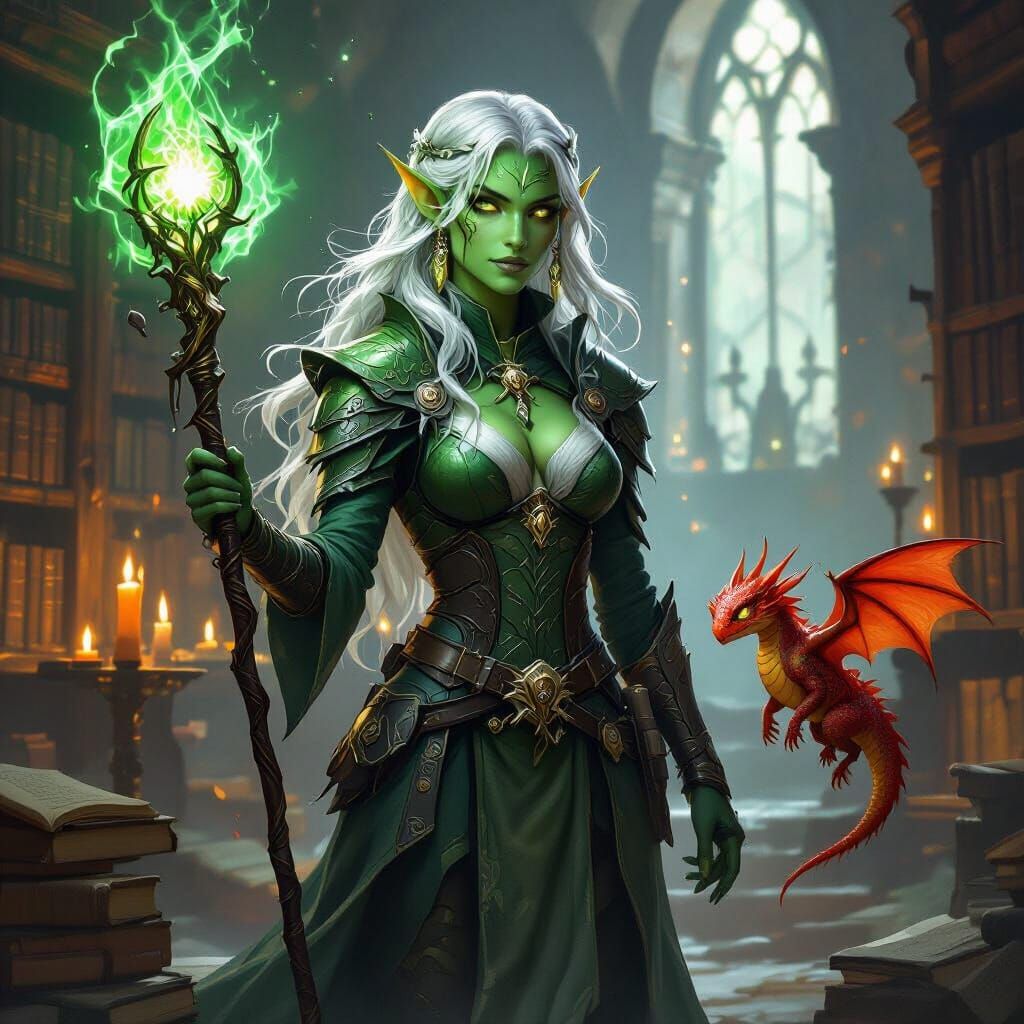 Dragonborn Warlock and Pseudodragon in Ancient Library