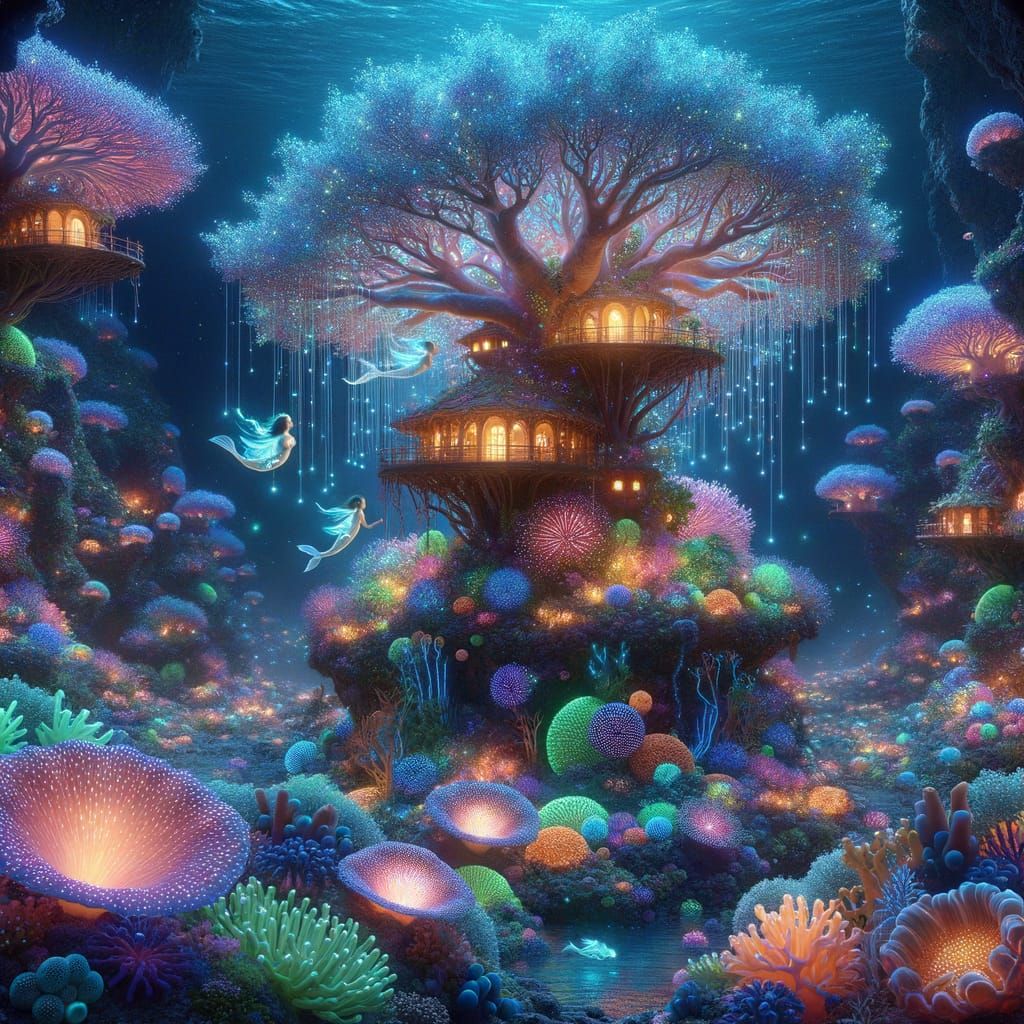 Bioluminescent Coral Reef with Mermaids in 3D Render
