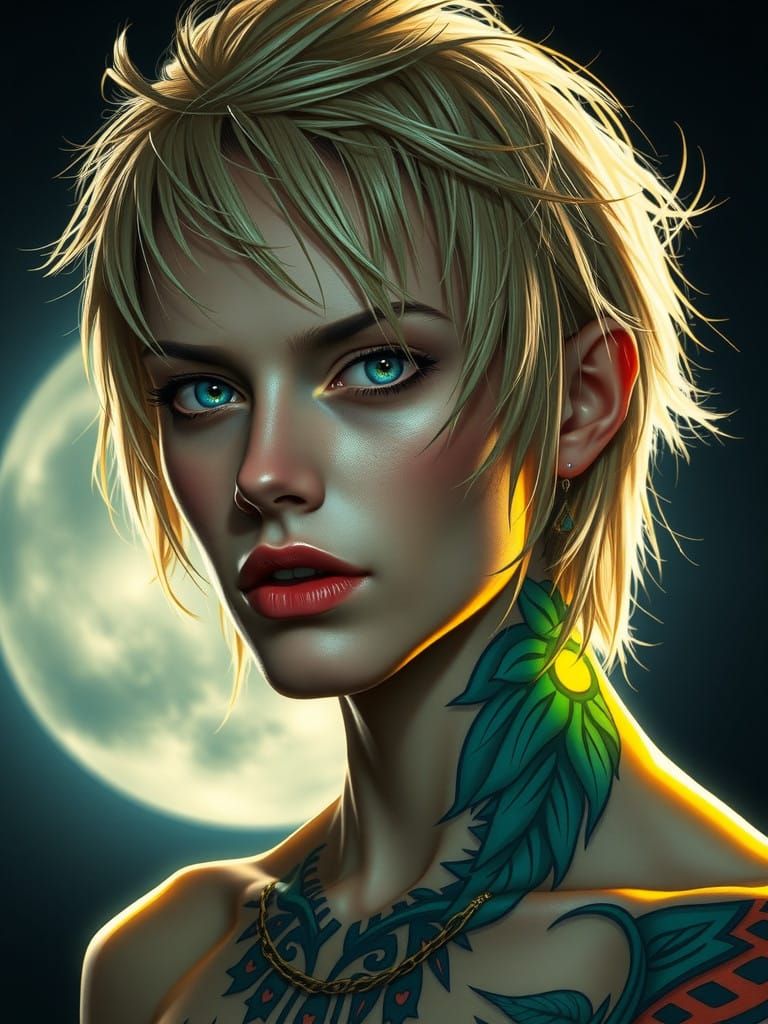 Androgynous Figure with Chiseled Face and Tribal Tattoos in....