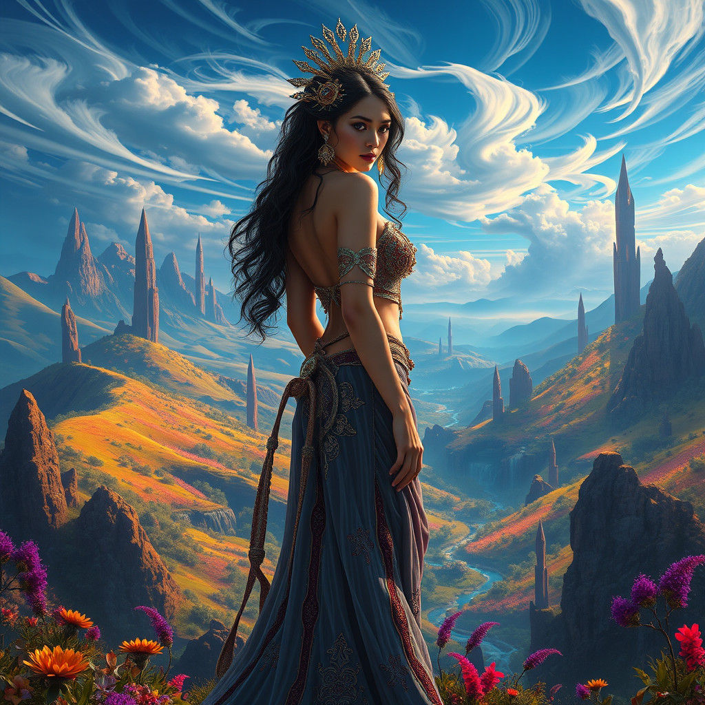 Surreal Woman in Vibrant Fantasy Landscape