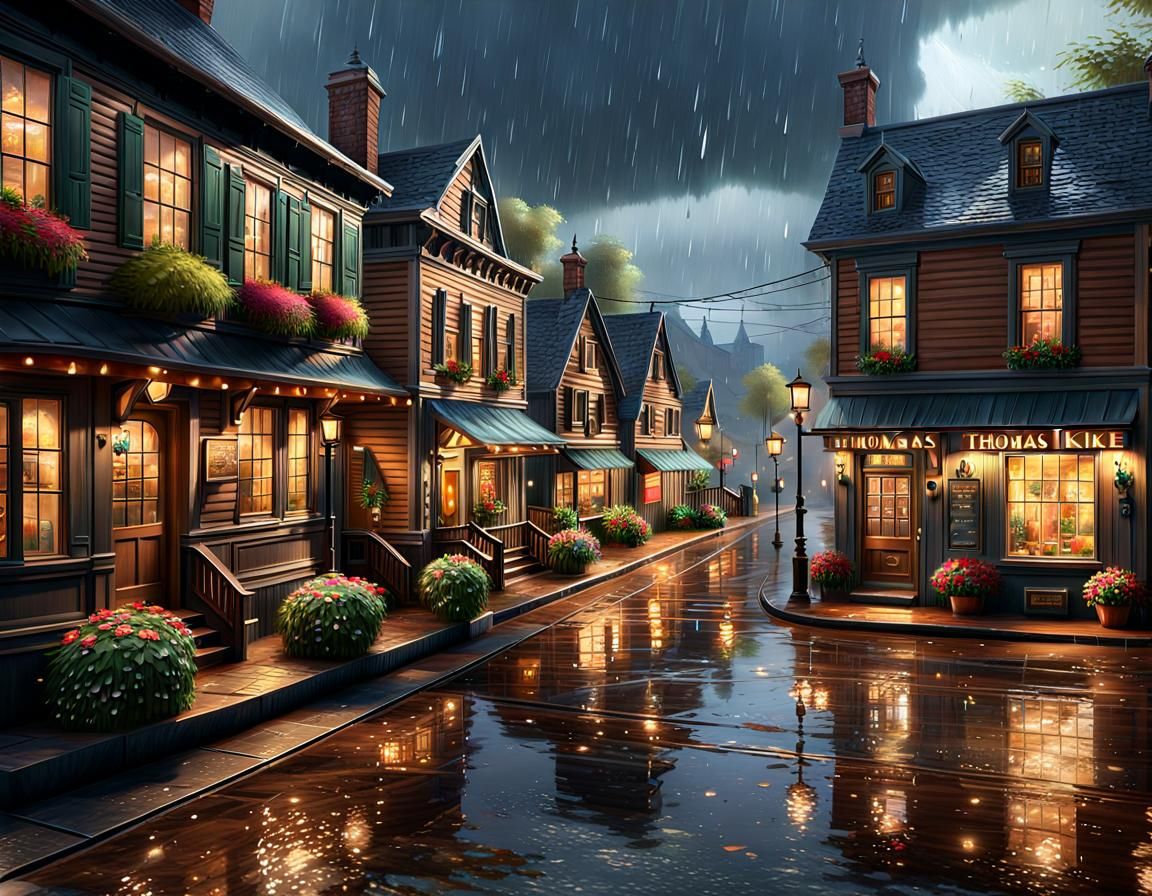 Rainy Day in a Quaint Town, Kinkade Style