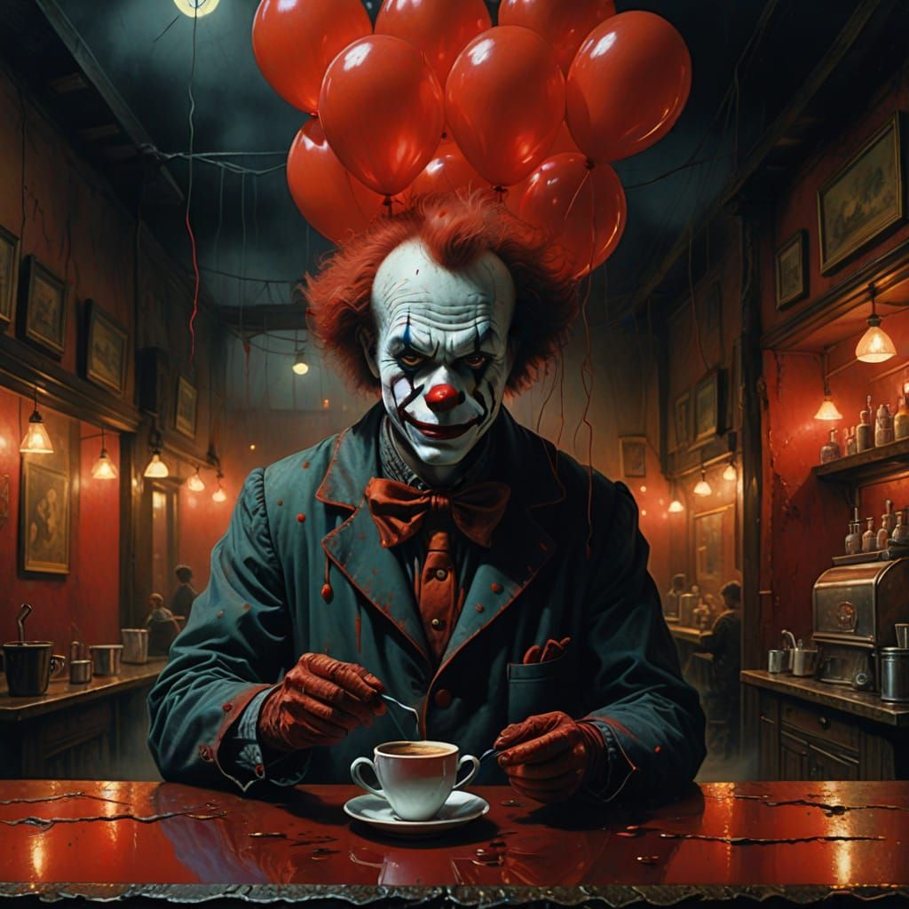 Spooky Clown Barista Serving Balloon Cups in Moonlit Coffeeh...