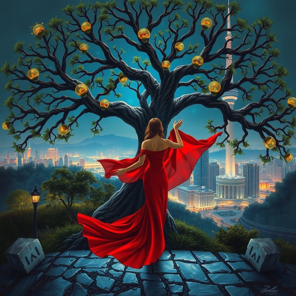 Surreal Tree Goddess Overlooks City at Night