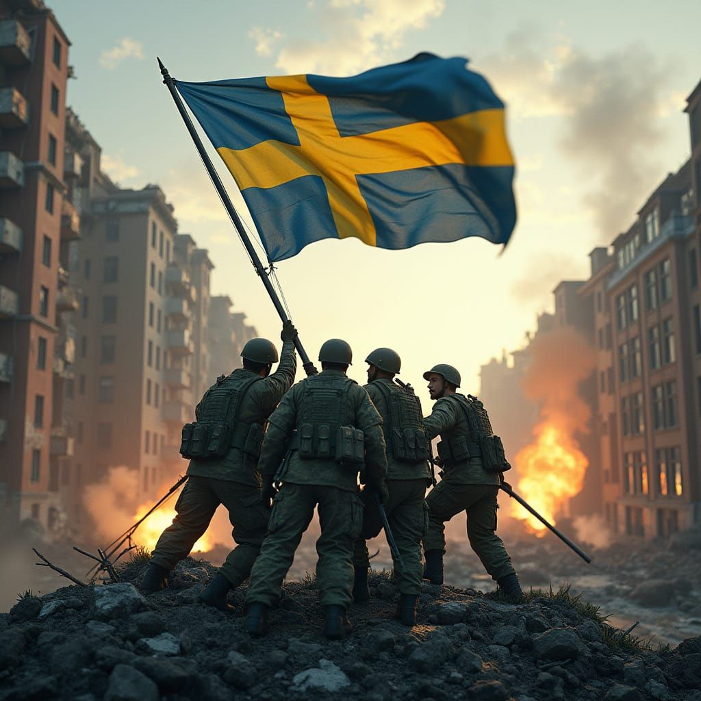 Swedish Soldiers Raise Flag in War-Torn Stockholm