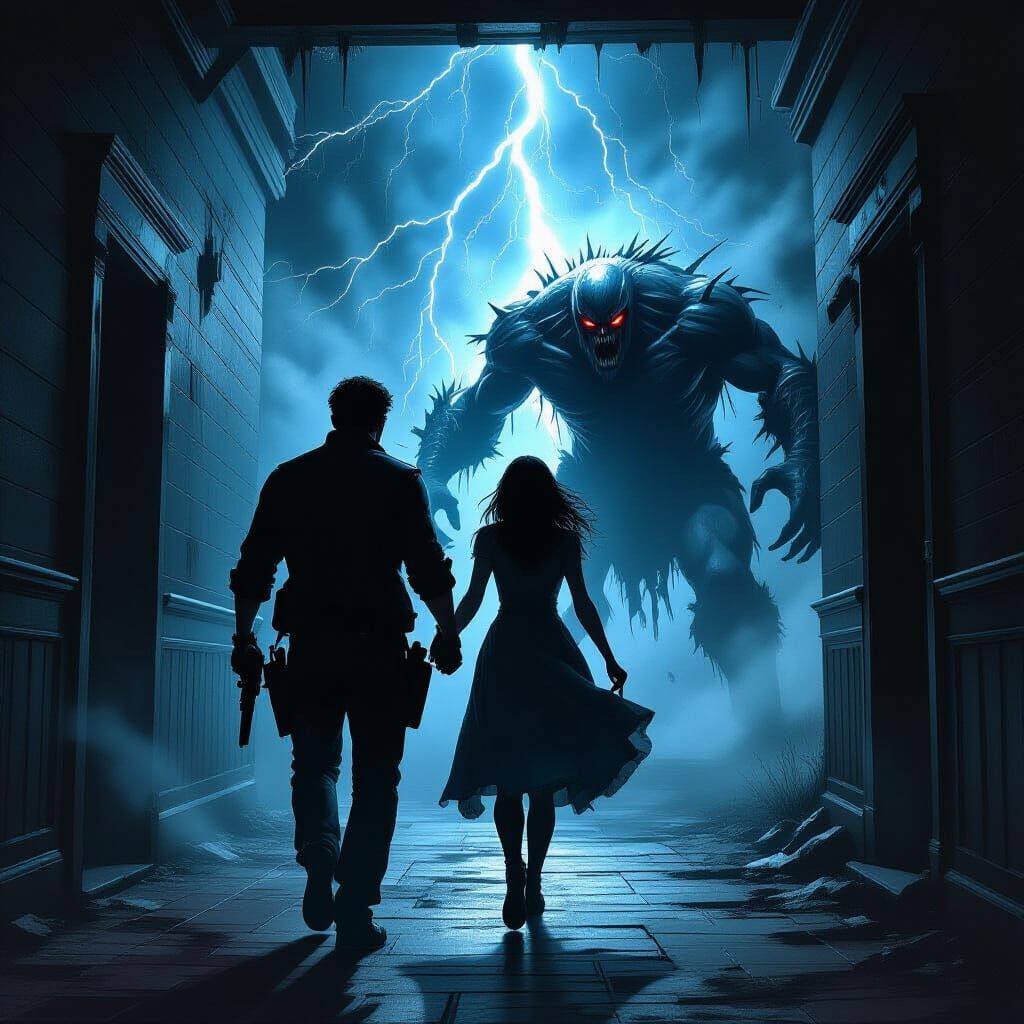 Leon and Ashley Escape Dark Hallway in Dark Fantasy Style