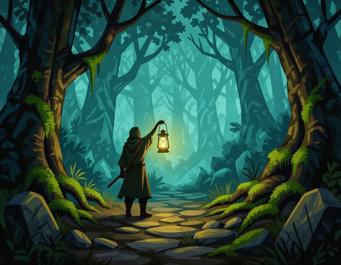 Traveler with Glowing Lantern on Forest Path