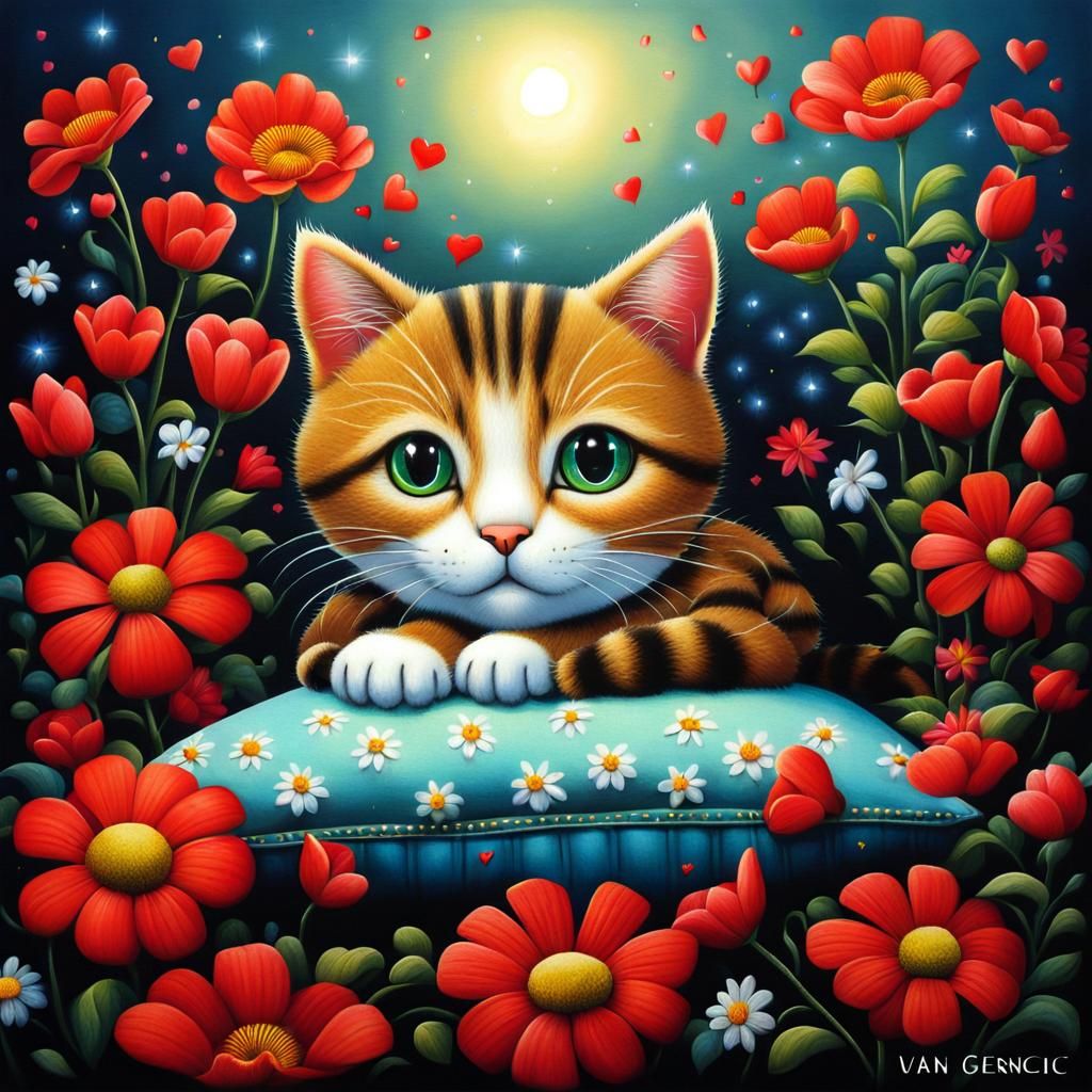 Naive Art: Cat on Pillow with Flowers