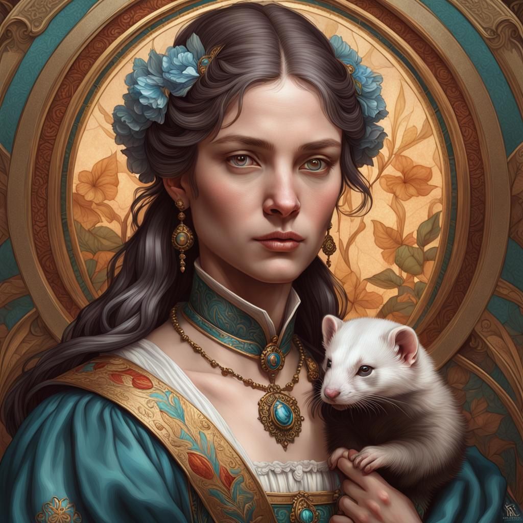 Renaissance Lady with Ferret: Detailed Digital Portrait