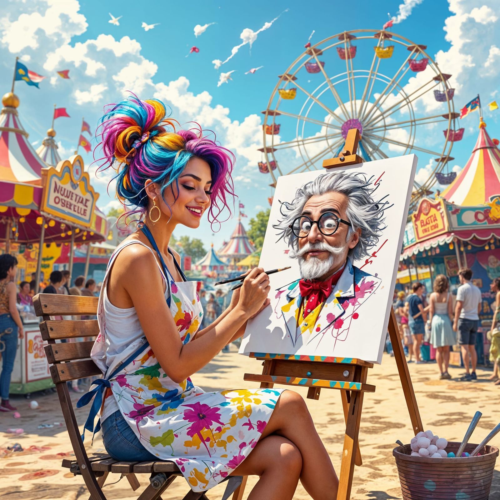 Woman Artist Sketches Mad Scientist at Vibrant Carnival Fair