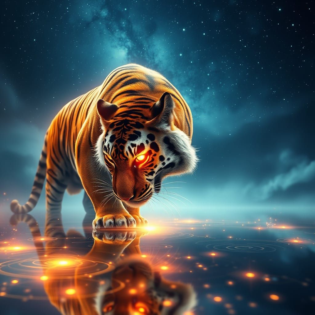 Glowing Tiger in Starry Night Landscape