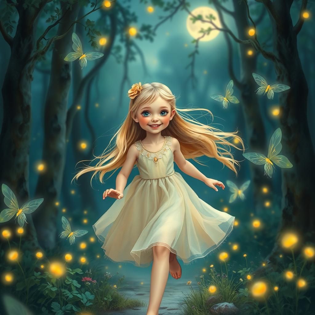 Girl in Moonlit Forest with Fairies