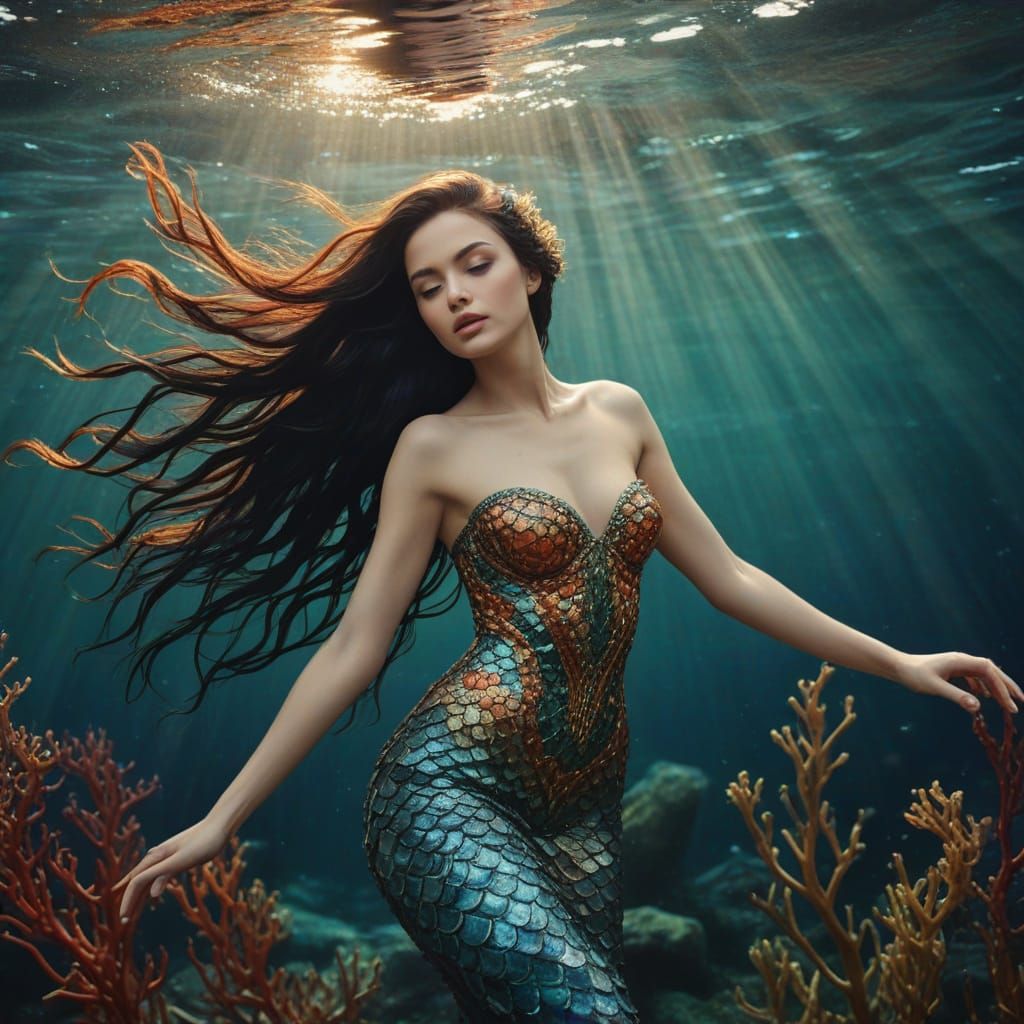 Ethereal Mermaid in Art Nouveau Watercolor Scene