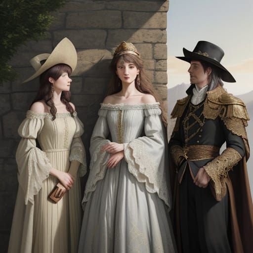 Elegantly Attired Figures Sing in Harmony under a Setting Su...